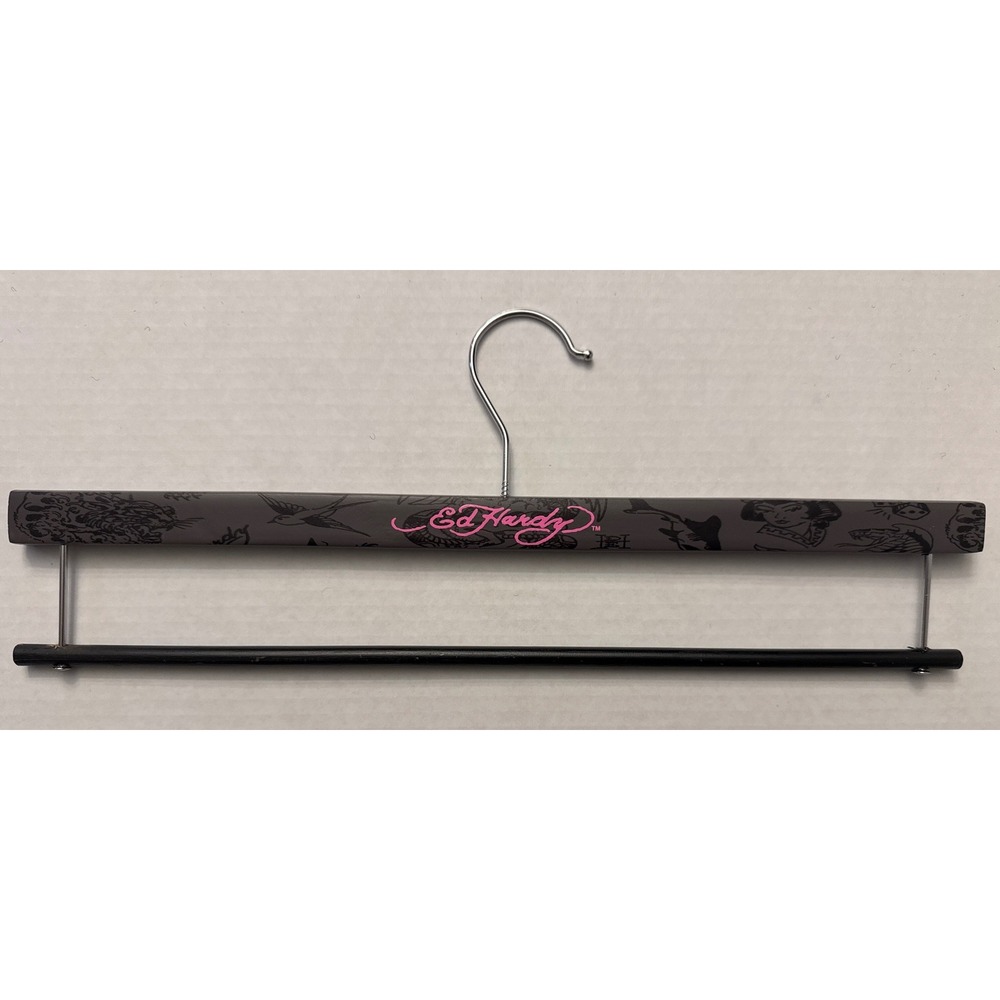 Ed Hardy Pant Hanger‎ Gray Black Tattoo Print Pink Logo Wood Clamp Style